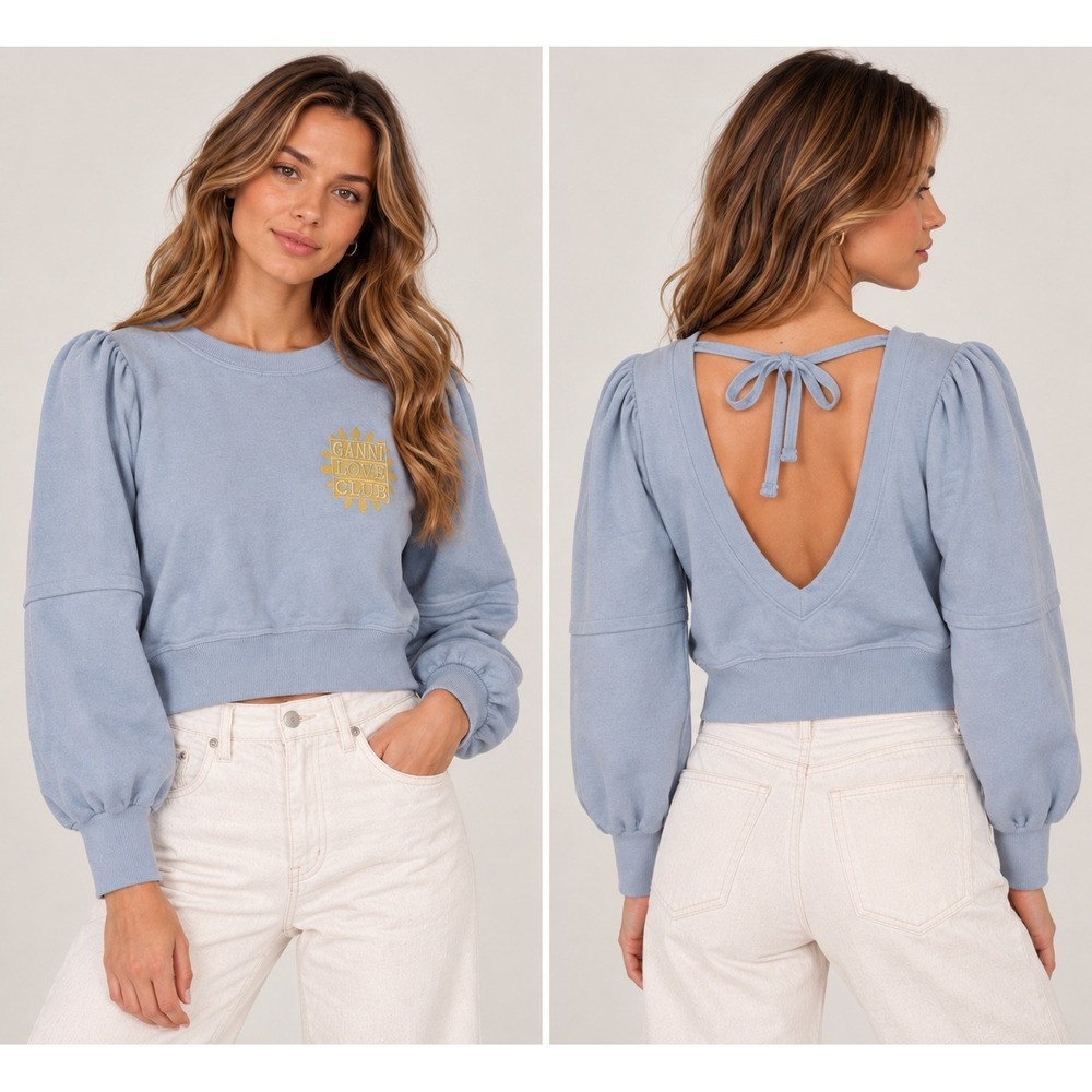 Ganni Love Club Open Back Puff Sleeve Sweatshirt Blue XS Designer Contemporary